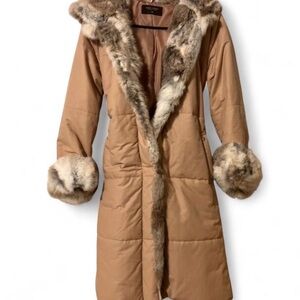 Tan Puffer Coat with real rabbit Fur Trim
